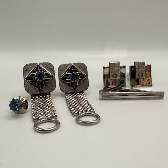 Vintage cuff links tie clips two sets silver toned mens jewelry late 1900s Swank - Picture 2 of 13